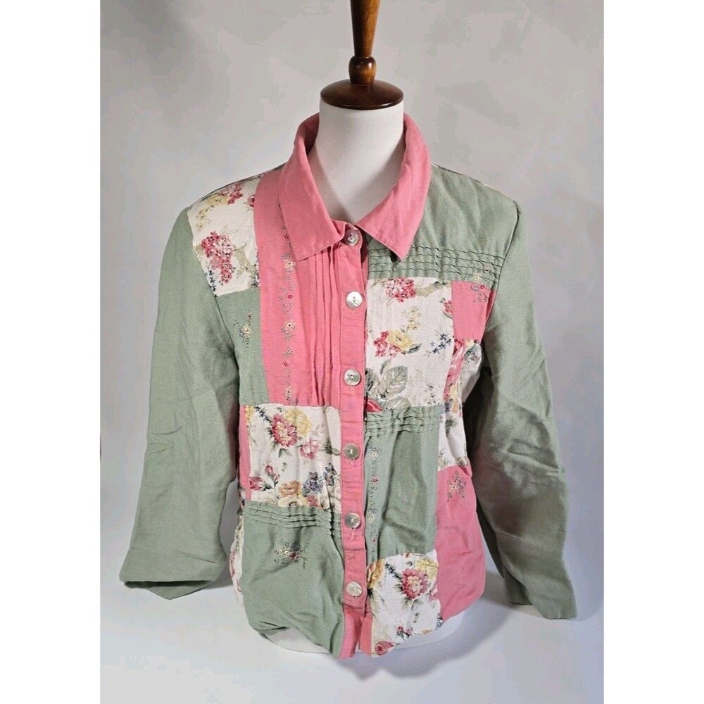 Size 12 Cottagecore Patchwork Button Down Shirt Padded Shoulders Pink Green